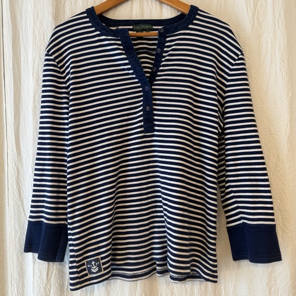 Lauren Ralph Lauren Womens XL Top Navy Striped Henley Nautical Preppy Coastal - Picture 6 of 12